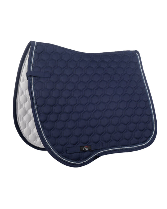Navy blue quilted saddle pad with white accents on a white background