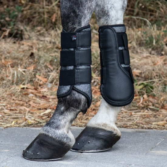 Horse legs wearing black HKM Glitter Mesh Breathe Boots on a natural background
