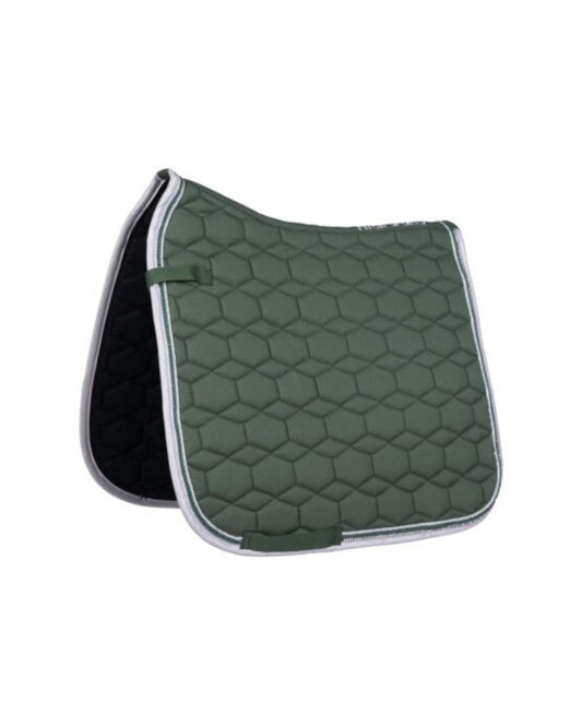 Green hexagonal patterned saddle pad on a white background