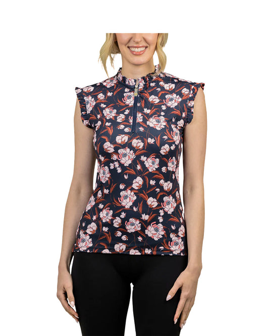 Kastel Navy Floral Ruffle Tank Top