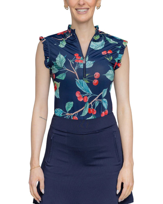 Kastel Navy Cherries 1/4 Zip Ruffle Tank Top