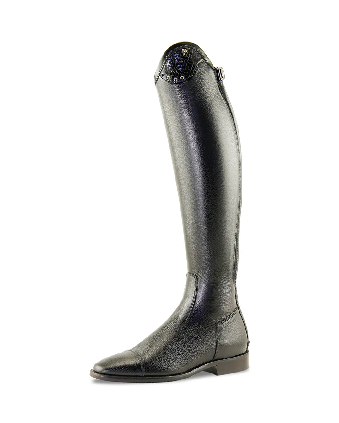 Black riding boot with decorative element on a white background