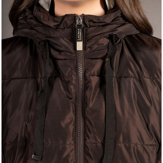 close up of woman wearing HKM Lauria Garrelli Arezzo Long Vest in brown