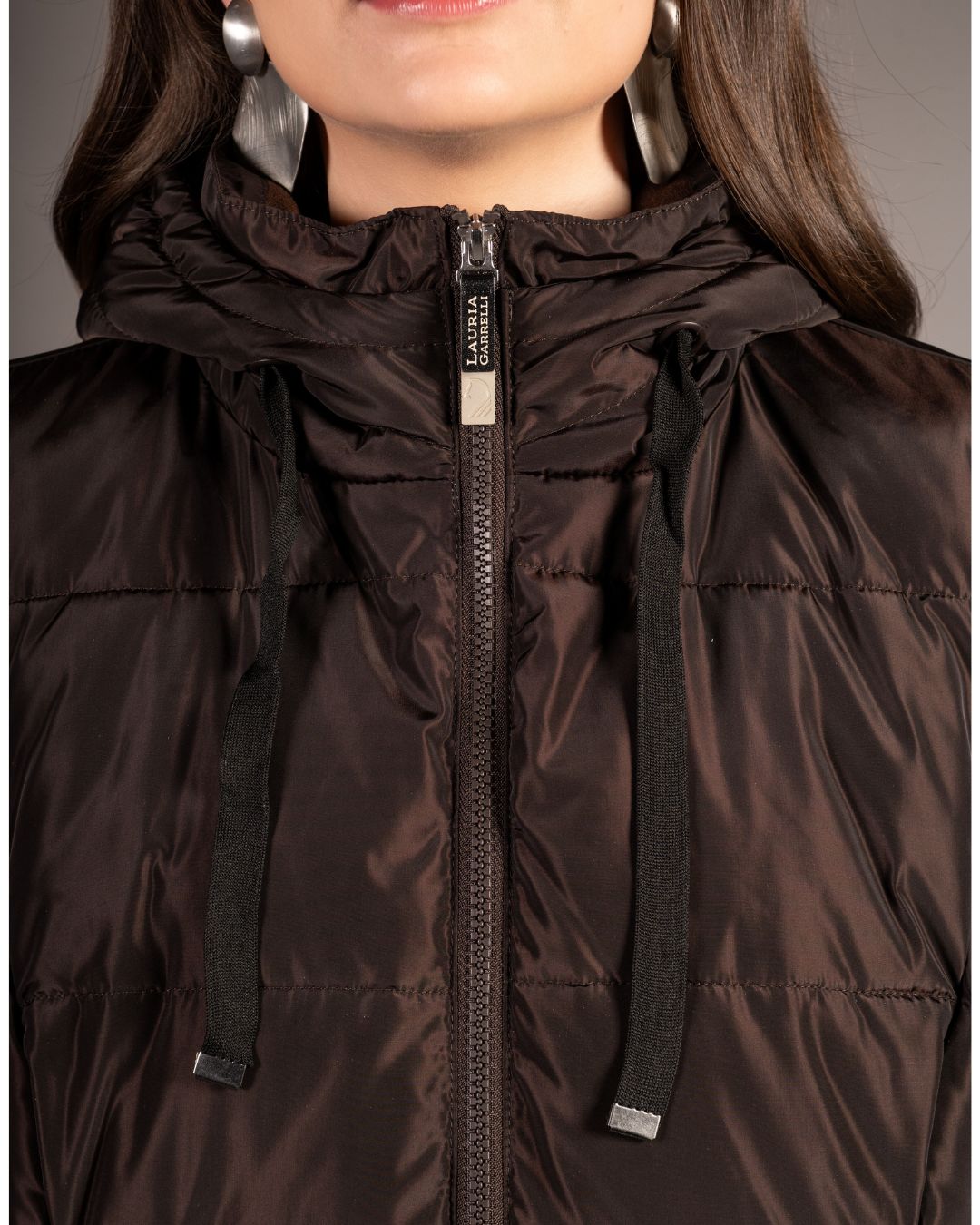 close up of woman wearing HKM Lauria Garrelli Arezzo Long Vest in brown