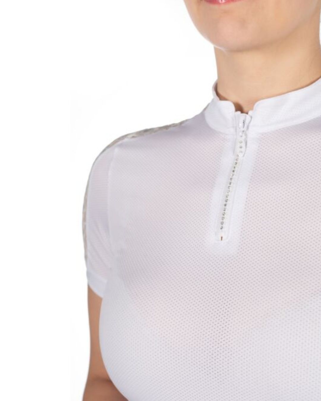 White equestrian show shirt with a zipper on a white background