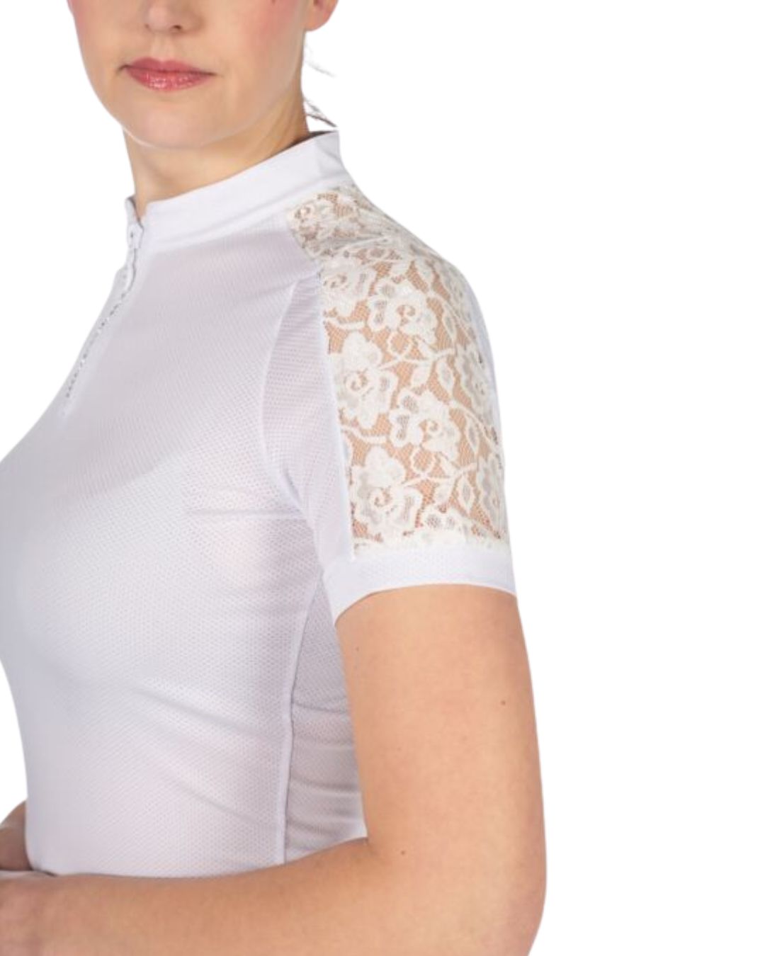 White equestrian top with lace sleeves worn by a person on a white background