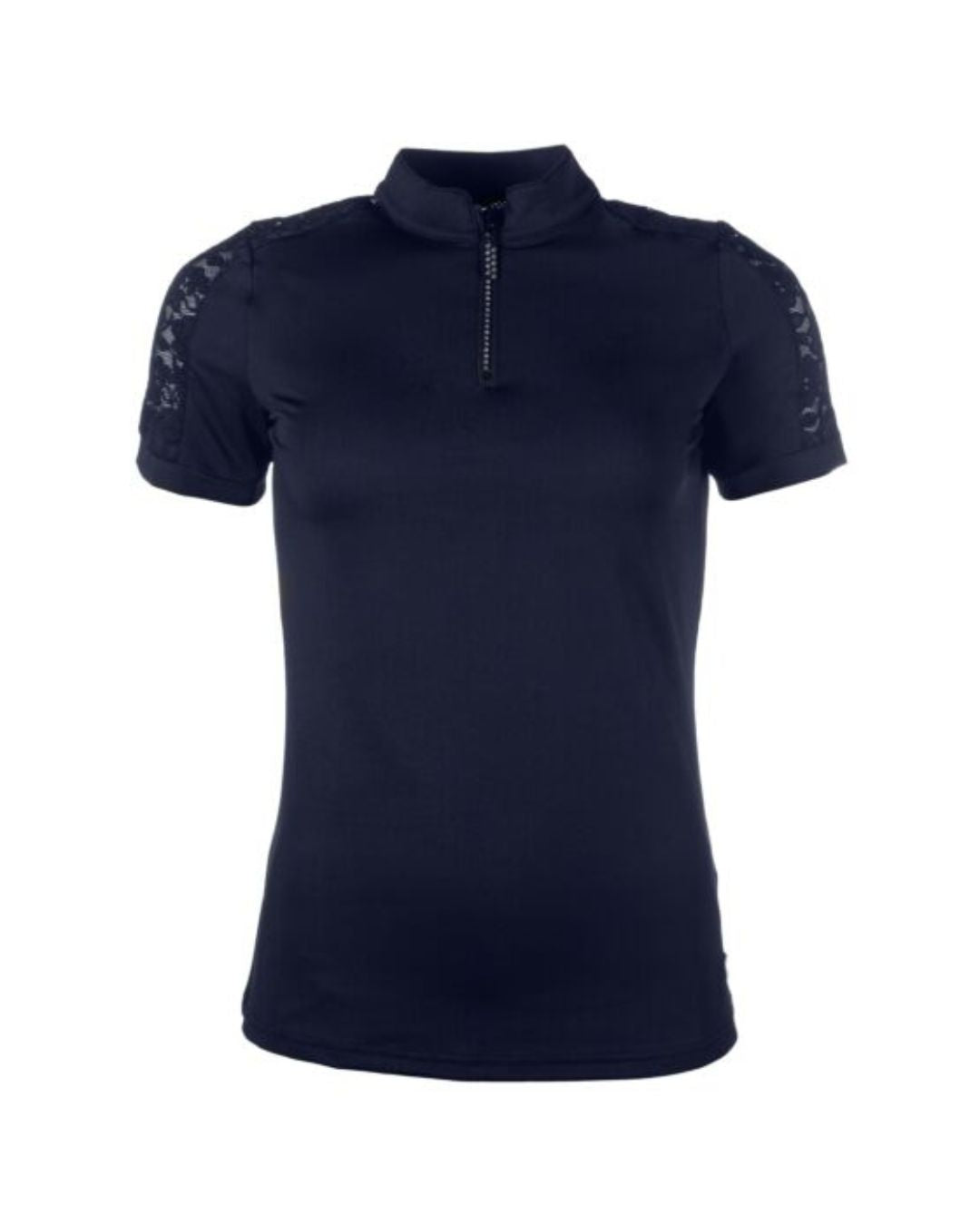 Navy Blue equestrian top with lace sleeves and bling zipper on white background