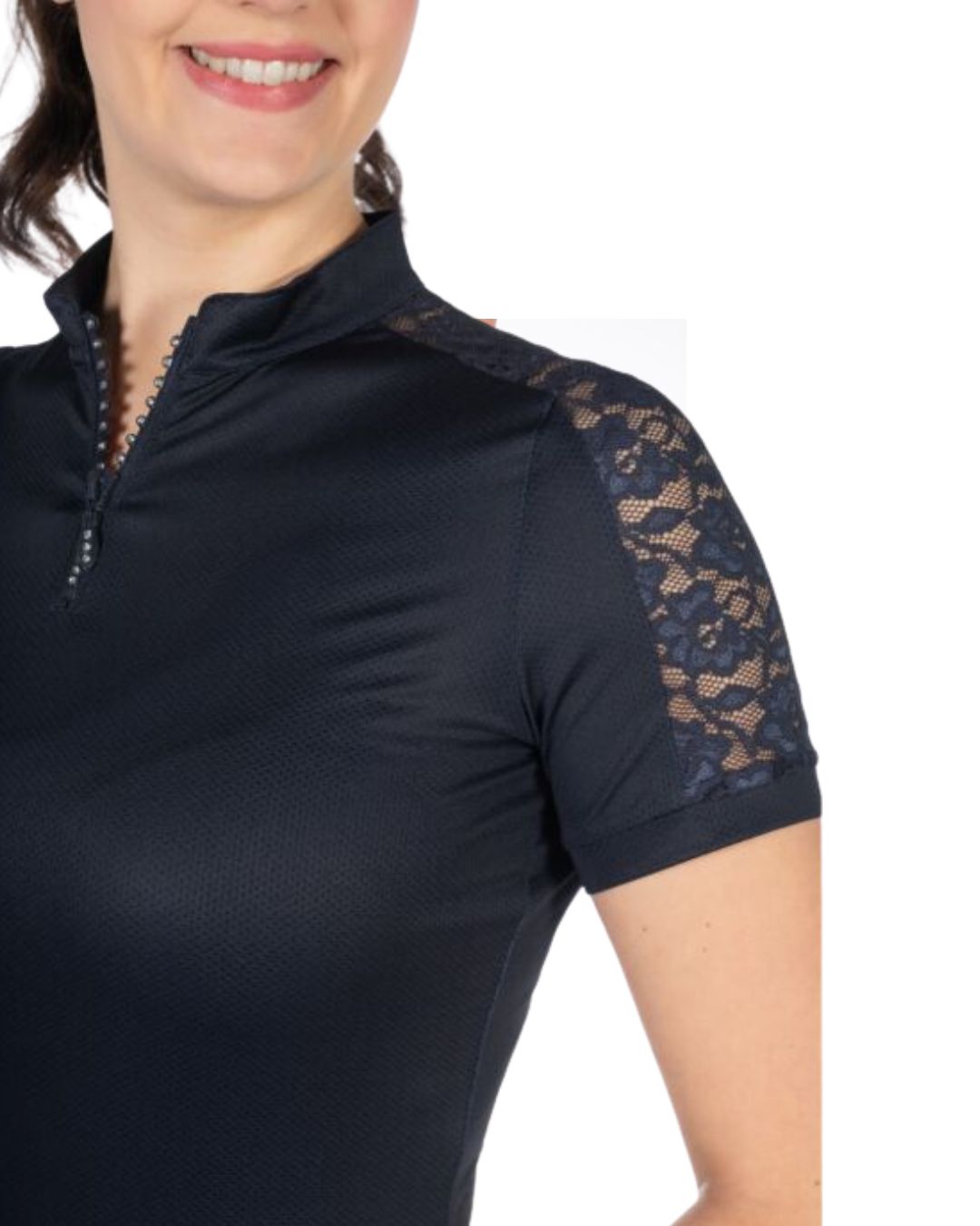Navy Blue equestrian top with lace sleeves and bling zipper on white background