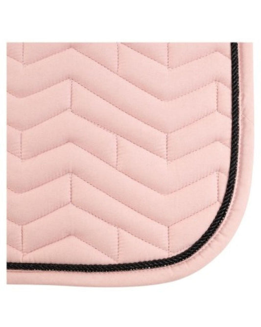 close up of ANKY Suede Dressage Saddle Padin light pink with black sparkle trim on white background