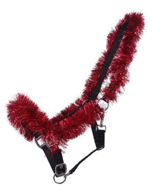 QHP Horse halter with red tinsel on a white background