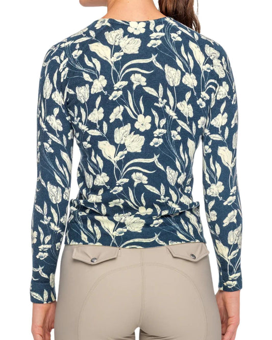 woman wearing a Kastel Long Sleeve Sailor Blue French Tulip Crewneck Sweater on white background