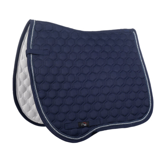 Navy blue quilted saddle pad with white accents on a white background