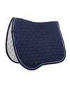 Navy blue quilted saddle pad with white accents on a white background
