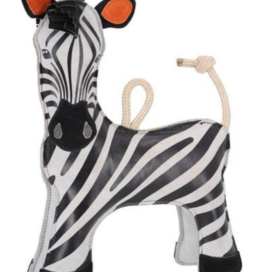 Zebra-shaped toy with a rope on a white background equestrian fashion outfitters