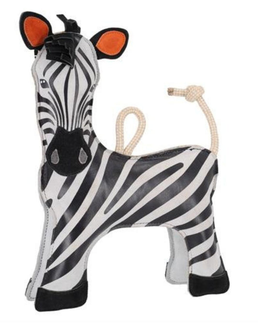 Zebra-shaped toy with a rope on a white background equestrian fashion outfitters