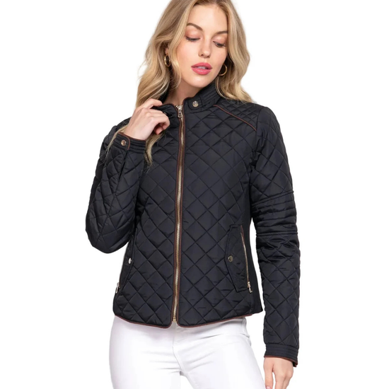 black quilted jacket with gold zipper and pockets and brown piping on white background equestrian fashion outfitters
