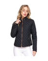 black quilted jacket with gold zipper and pockets and brown piping on white background equestrian fashion outfitters