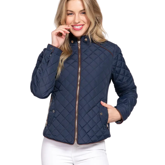 Navy quilted vest with gold zipper pockets and brown piping on white background equestrian fashion outfitters