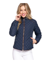 Navy quilted vest with gold zipper pockets and brown piping on white background equestrian fashion outfitters