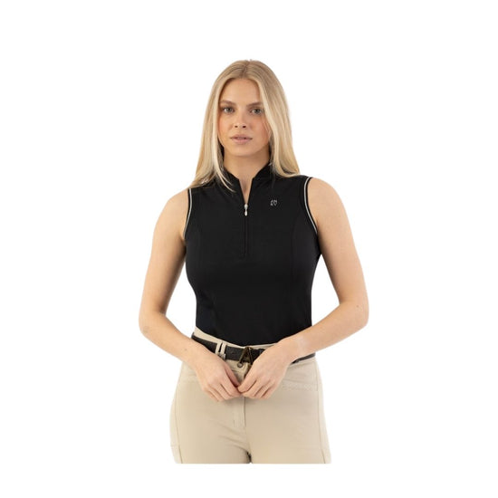 Woman wearing a black sleeveless top with a anky logo on a white background equestrian fashion outitters