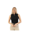 Woman wearing a black sleeveless top with a anky logo on a white background equestrian fashion outitters