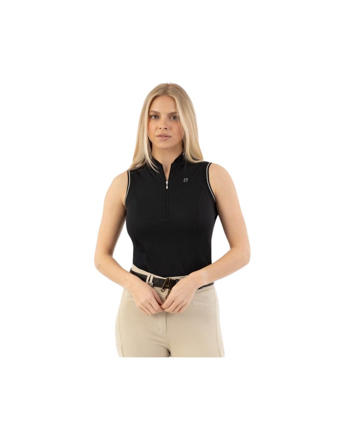 Woman wearing a black sleeveless top with a anky logo on a white background equestrian fashion outitters