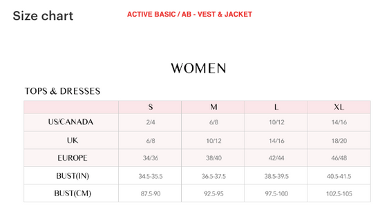 size chart for active basic ab vest and jacket equestrian fashion outfitters
