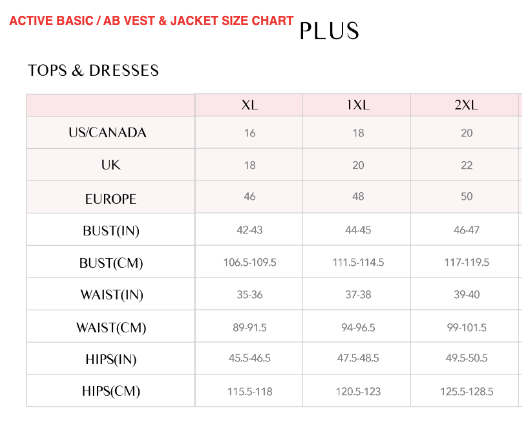 size chart for active basic vest and jacket ab vest equestrian fashion outfitters