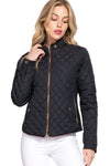 Woman wearing a black quilted jacket on a white background equestrian fashion outfitters