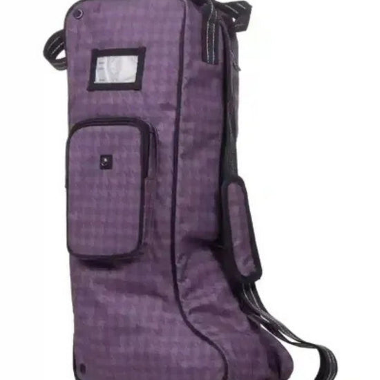 Purple boot bag with a strap on a white background Equestrian fashion outfitters