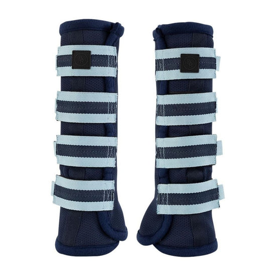 Pair of blue and gray striped protective leg wraps fly boots on a white background equestrian fashion outfitters