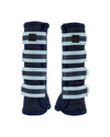 Pair of blue and gray striped protective leg wraps fly boots on a white background equestrian fashion outfitters