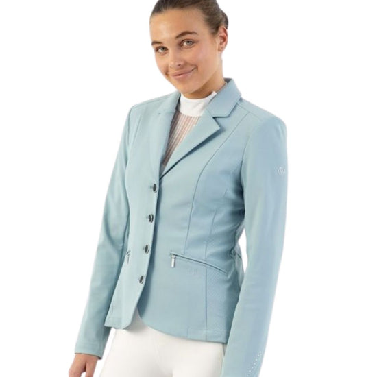 Woman wearing a light blue blazer show jacket Kendra on a white background equestrian Fashion Outfitters