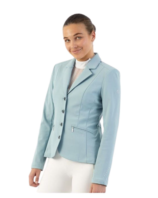Woman wearing a light blue blazer show jacket Kendra on a white background equestrian Fashion Outfitters