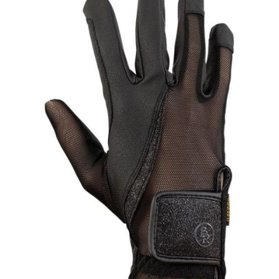 Black equestrian glove with mesh design on a white background