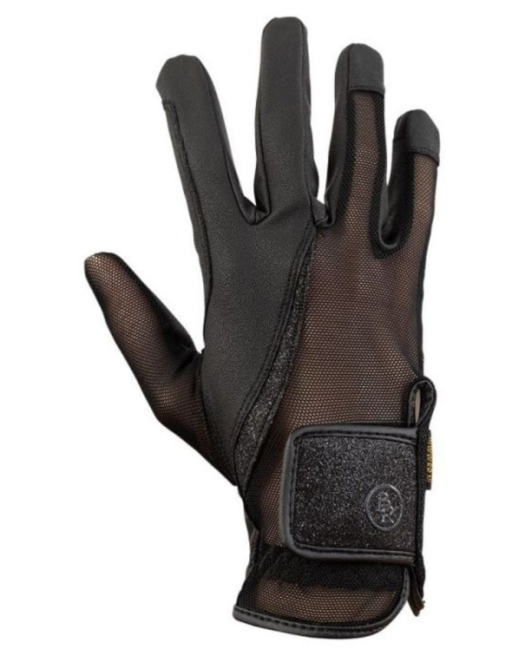 Black equestrian glove with mesh design on a white background