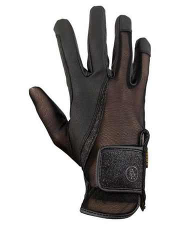 Black equestrian glove with mesh design on a white background