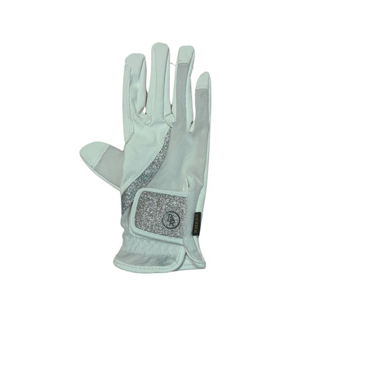 White equestrian glove with a brand logo on a white background