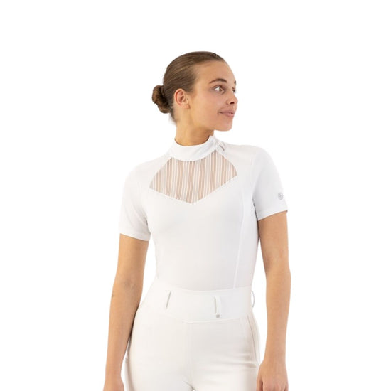 Woman wearing a white show shirt BR Koosje with sheer panels on a white background equestrian fashion outfitters