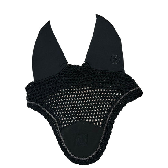 Black mesh equestrian fly veil on a white background