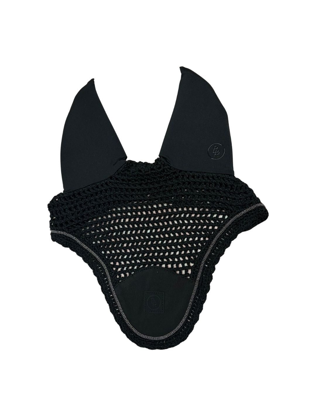 Black mesh equestrian fly veil on a white background