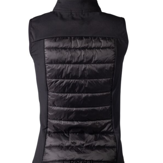 Black puffer vest with 'Basel II' branding on a white background equestrian fashion outfitters