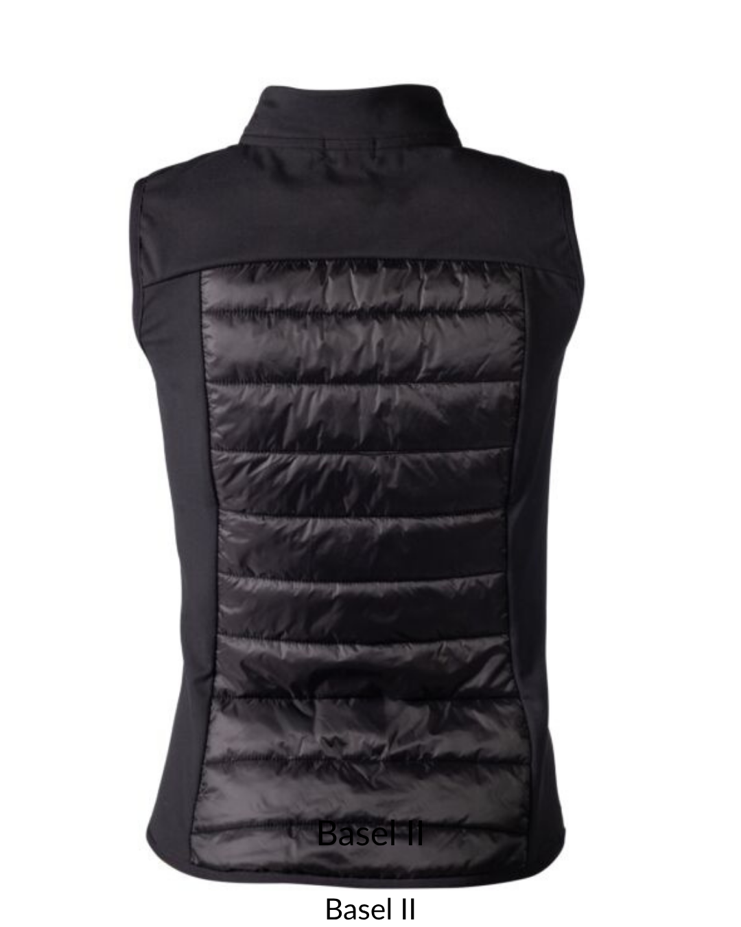 Black puffer vest with 'Basel II' branding on a white background equestrian fashion outfitters