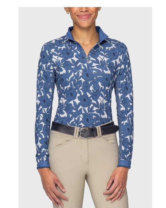 Kastel Pacific Blue Wild Rose L/S 1/4 Zip Top Shirts & Tops Kastel - Equestrian Fashion Outfitters