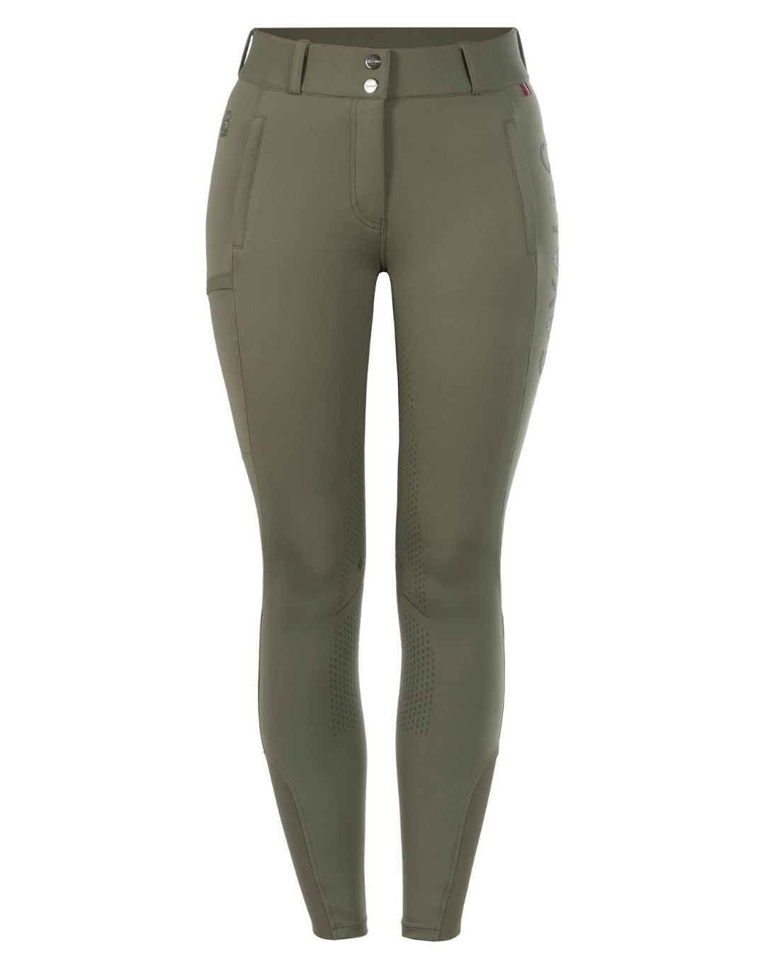 Green riding pants on a white background