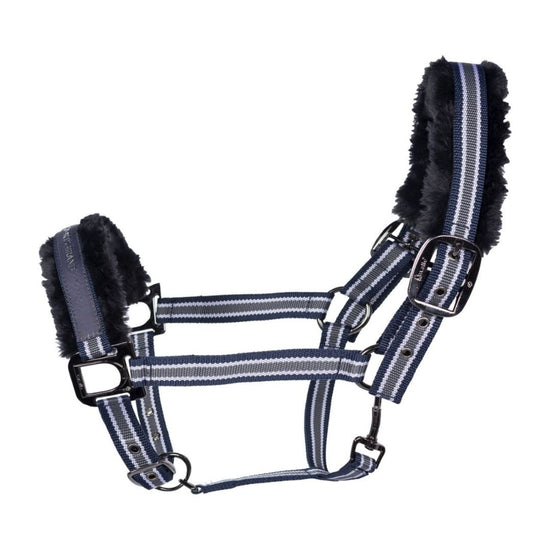 Horse halter with striped pattern and navy fuzzy ends on a white background
