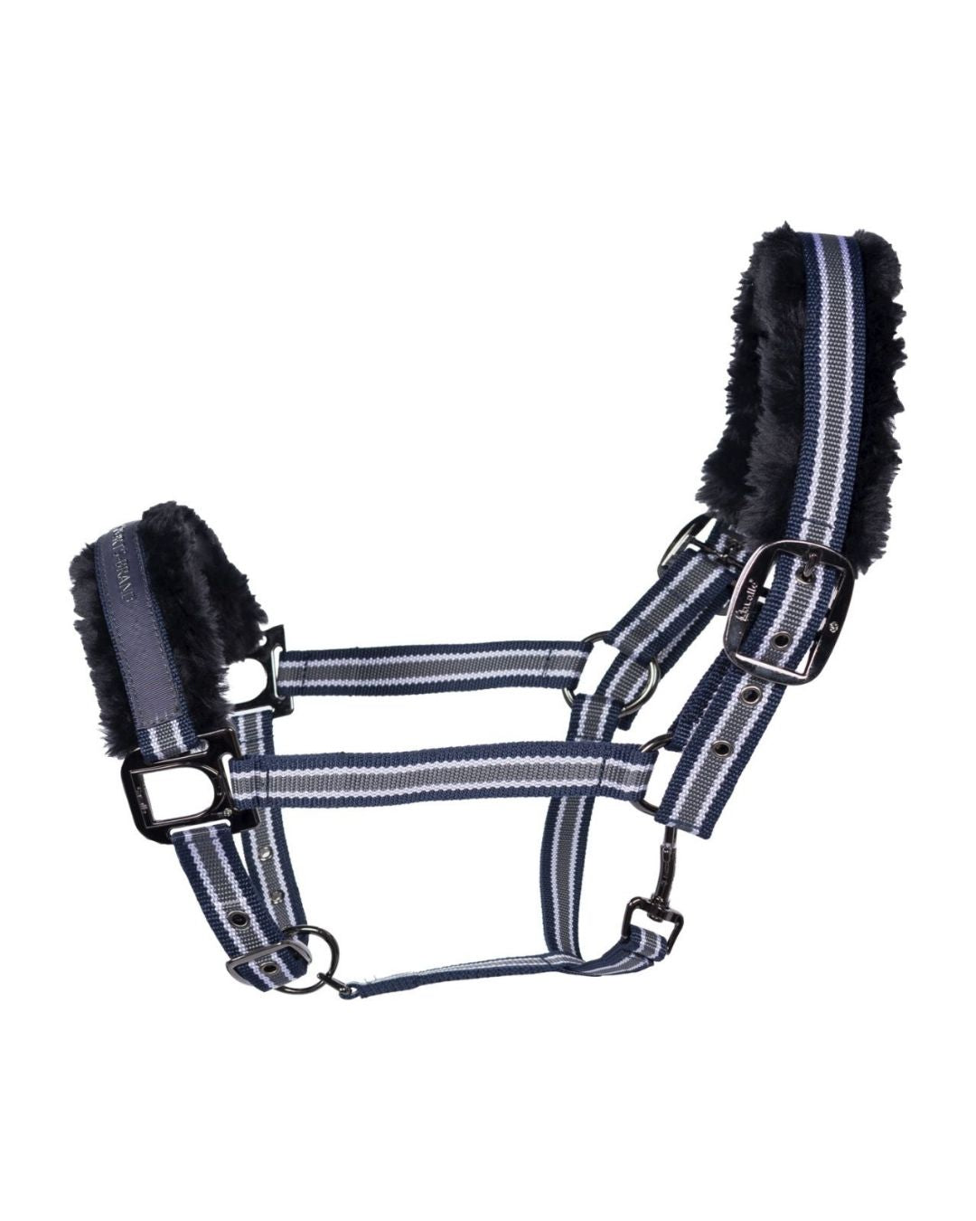 Horse halter with striped pattern and navy fuzzy ends on a white background