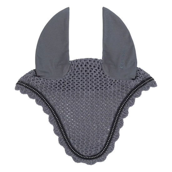 Gray equestrian fly mask with ear flaps on a white background