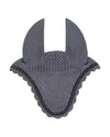 Gray equestrian fly mask with ear flaps on a white background