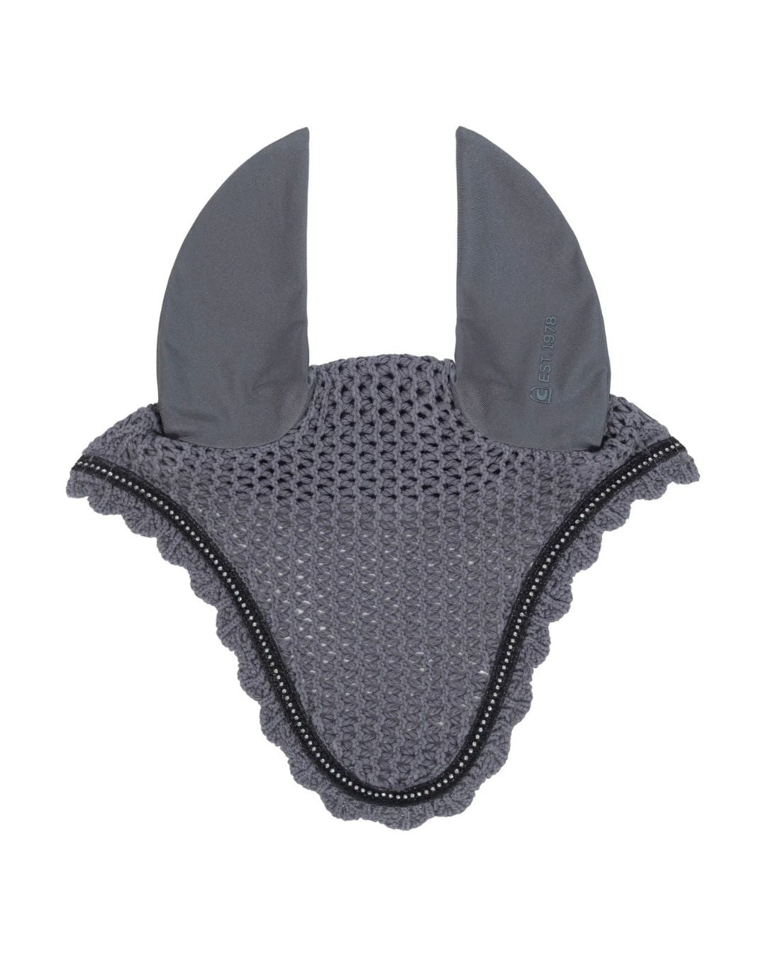 Gray equestrian fly mask with ear flaps on a white background